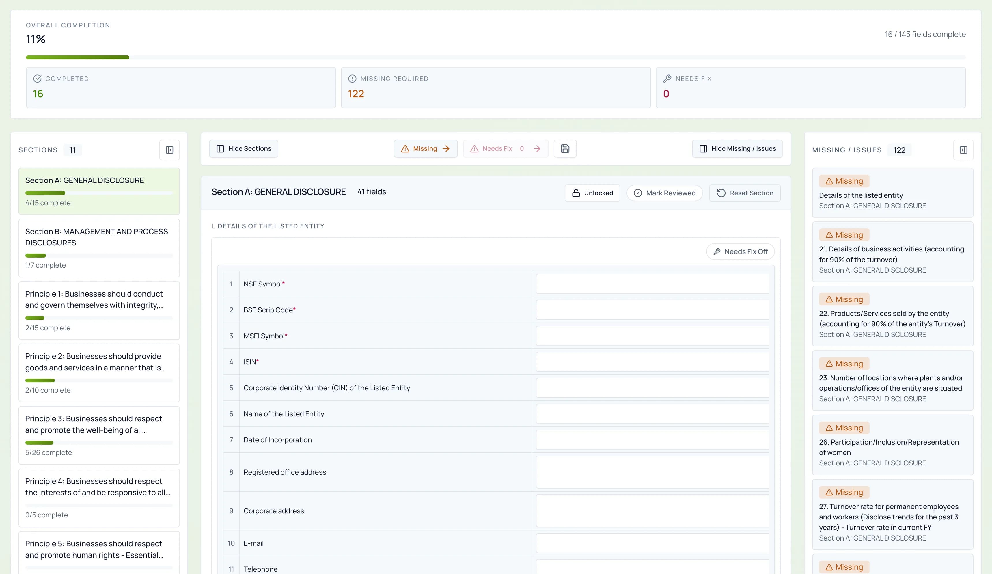 BRSR reporting platform workspace for ESG data collection and disclosure review